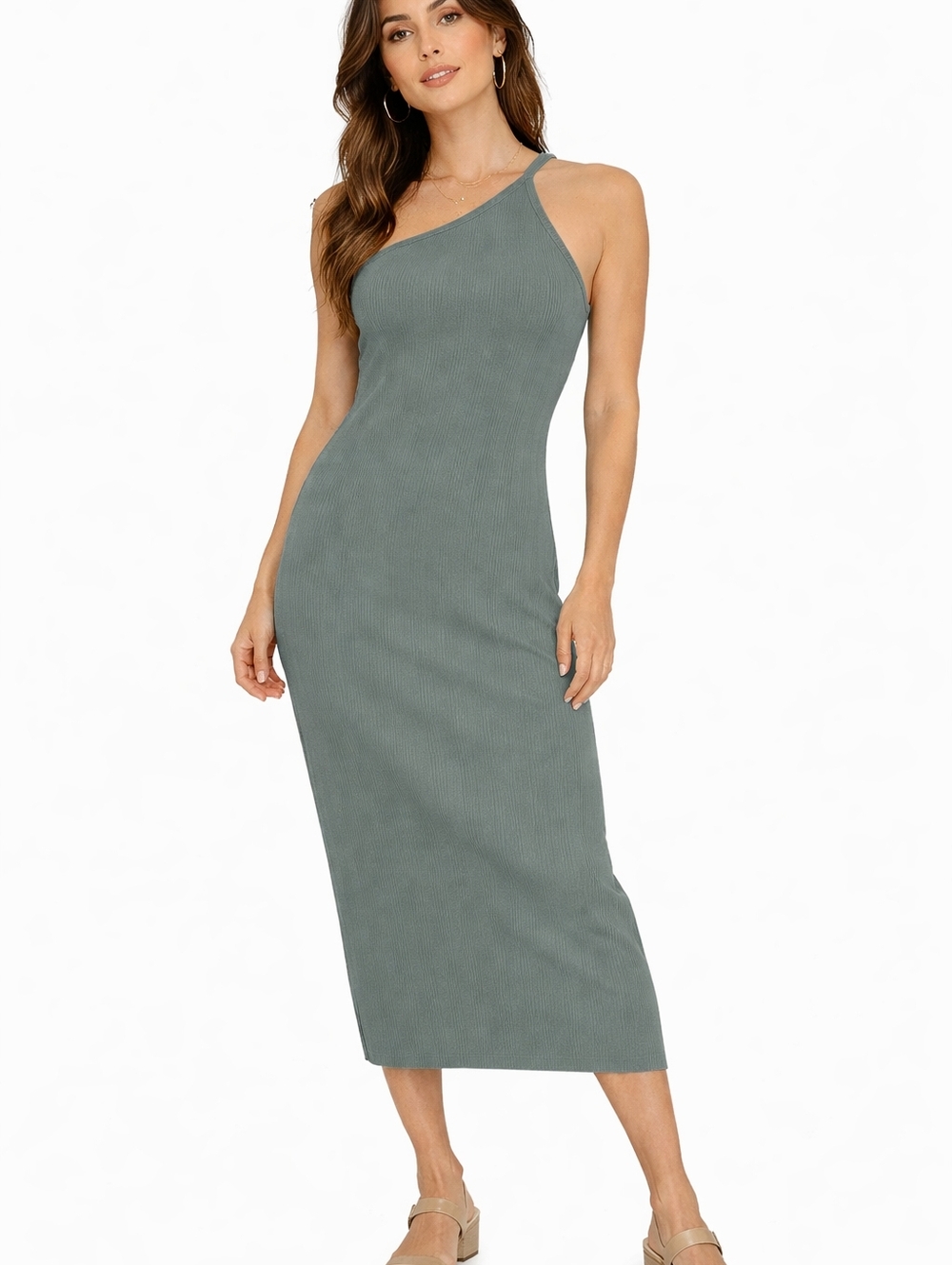 aerie One-Shoulder Ribbed Midi Dress in Sage Green